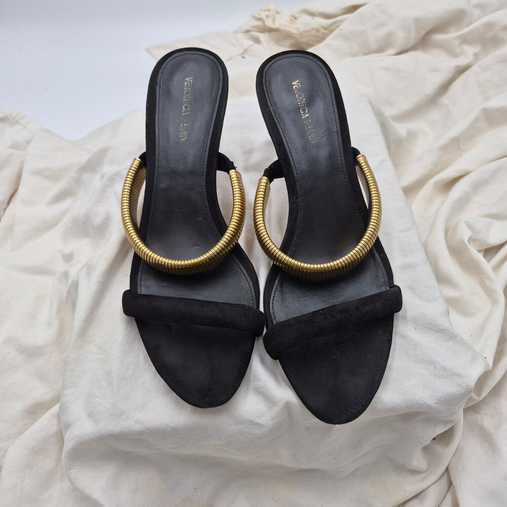 Veronica Beard Tobin Slide Sandals black suede gold-tone ribbed band pump size 9